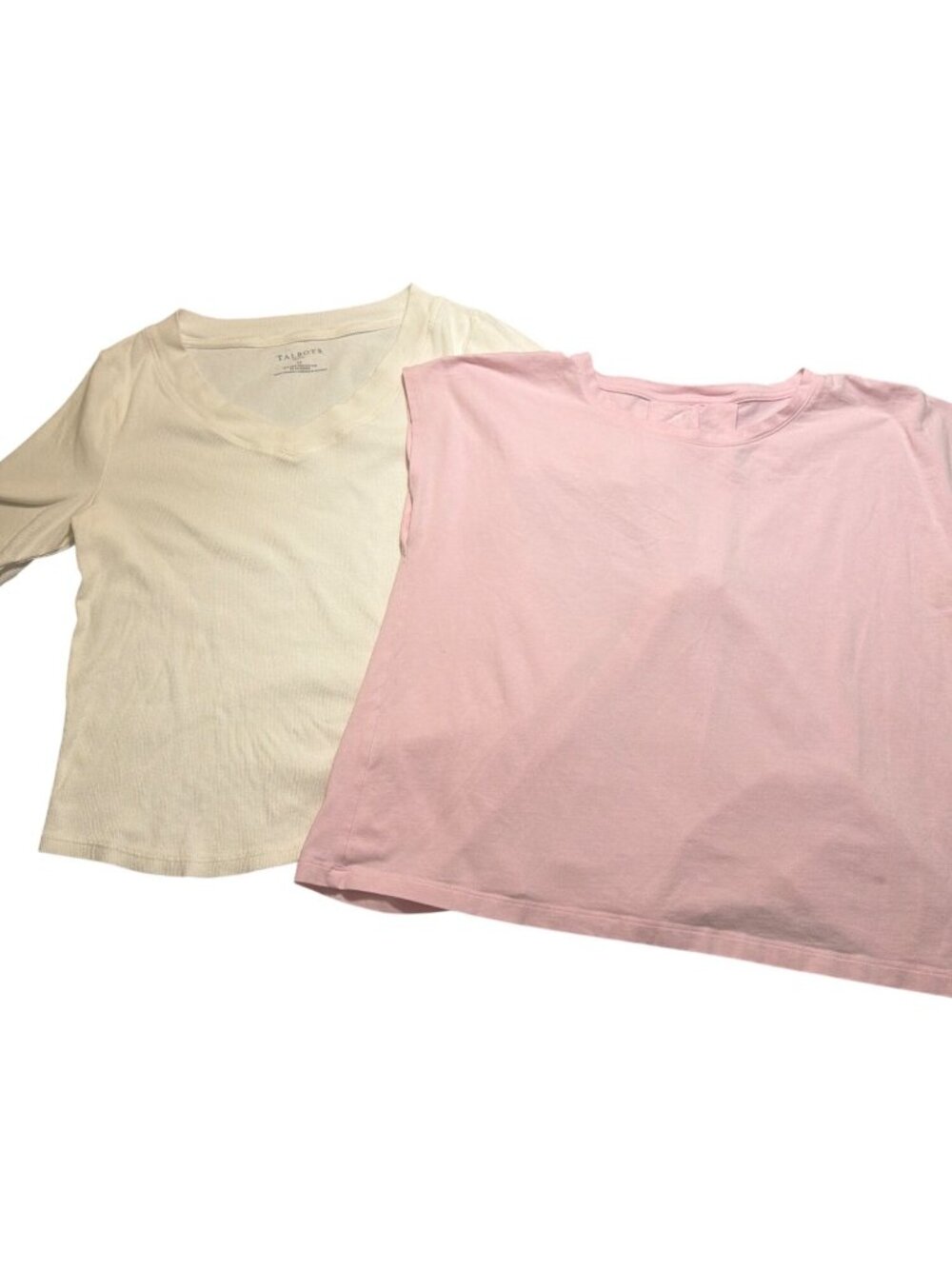 2 Talbots Short Sleeve Shirts White Pink Comfort Size Large Petite